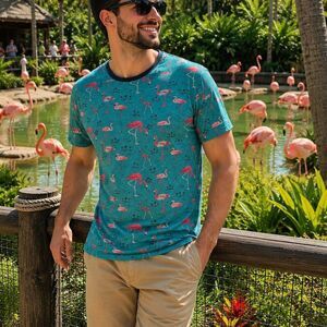 Free People Men’s Teal Flamingo Print Short Sleeve Tee Shirt Size 2X Tropical